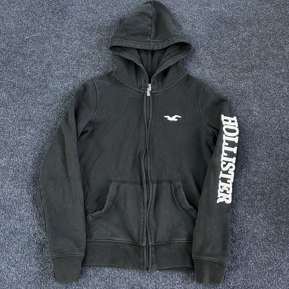 Hollister Hoodie Womens XXS Black Full Zip Fleece Lined Logo Sleeve Sweatshirt